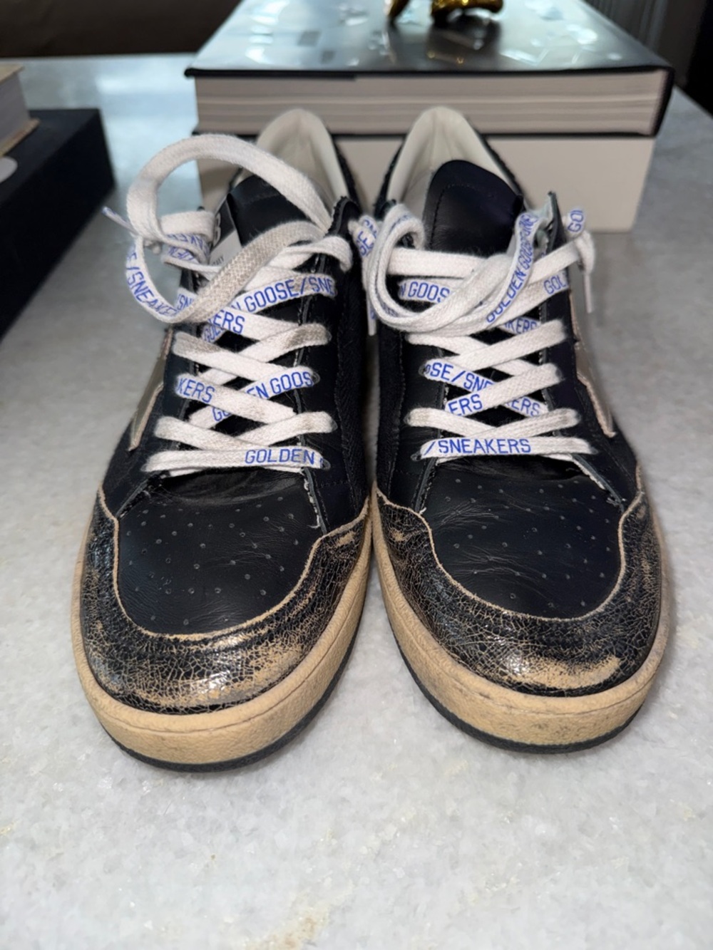LIKE NEW Golden Goose Black Sneakers with Gold Star and Pink Script - Picture 2 of 8